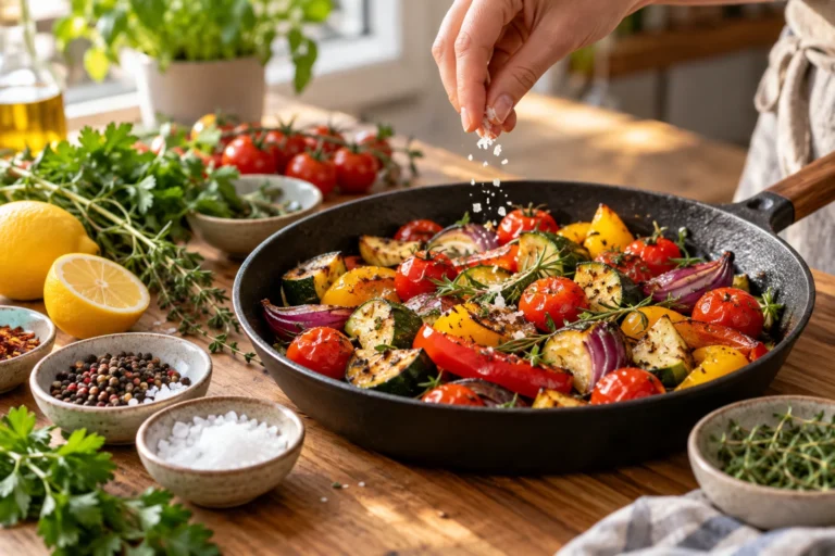 Main ajoutant une pincée de fleur de sel sur des légumes rôtis, entourée d'épices, d'herbes fraîches et d'un citron