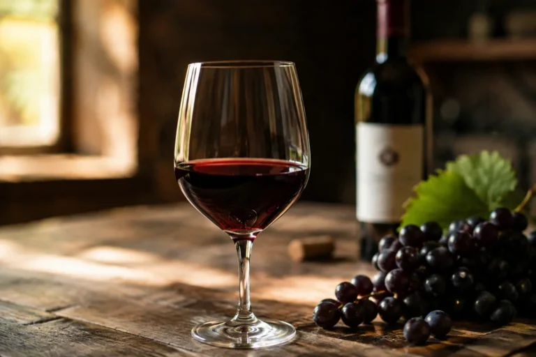 Verre de vin rouge posé sur une table en bois avec des grains de raisin, lumière naturelle