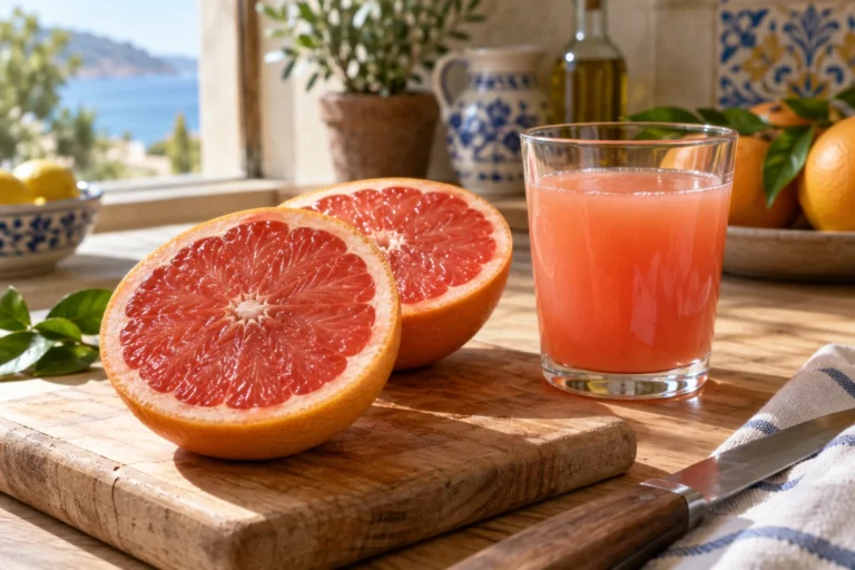 Demi-pamplemousse rose sur une planche en bois avec un verre de jus frais