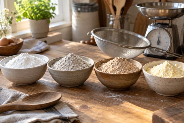 Bols de farines sans gluten et balance de cuisine pour composer un mélange équilibré