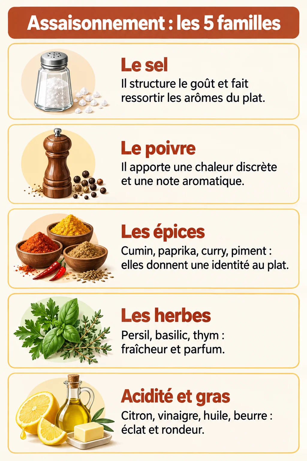 Assaisonnement : les 5 familles : Le sel, Le poivre, Les épices, Les herbes, Acidité et gras