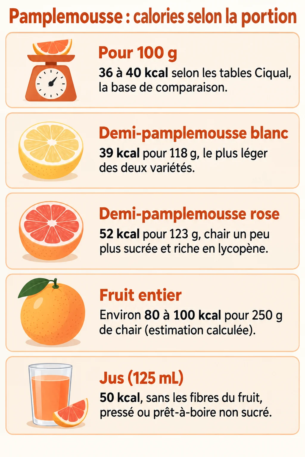 Pamplemousse : calories selon la portion : Pour 100 g, Demi-pamplemousse blanc, Demi-pamplemousse rose, Fruit entier, Jus (125 mL)