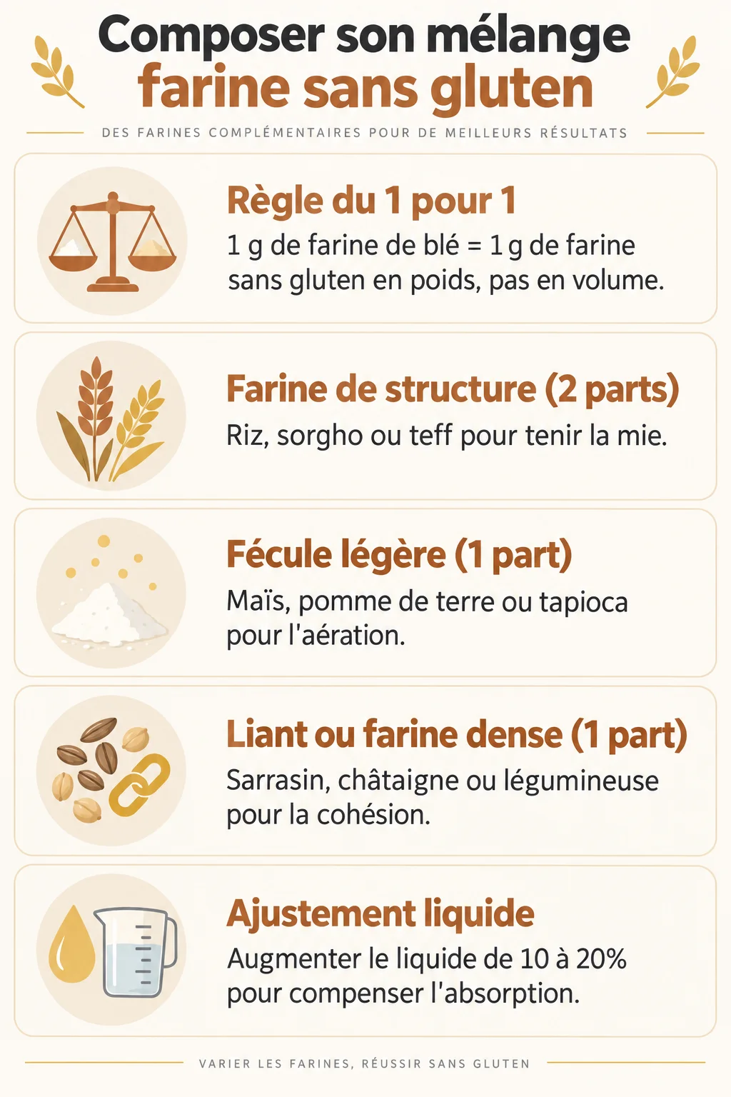 Composer son mélange farine sans gluten : Règle du 1 pour 1, Farine de structure (2 parts), Fécule légère (1 part), Liant ou farine dense (1 part), Ajustement liquide