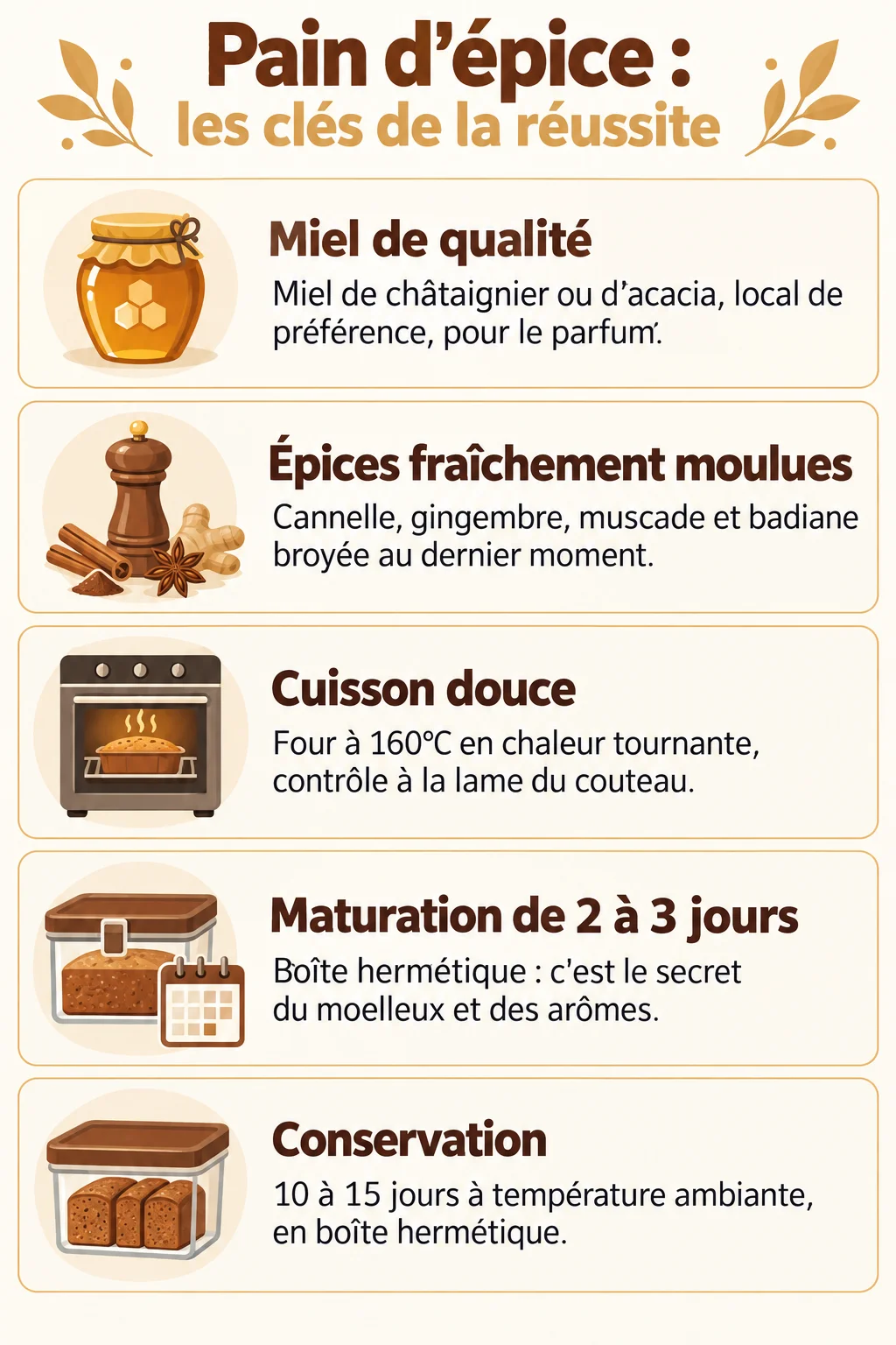Pain d'épice : les clés de la réussite : Miel de qualité, Épices fraîchement moulues, Cuisson douce, Maturation de 2 à 3 jours, Conservation