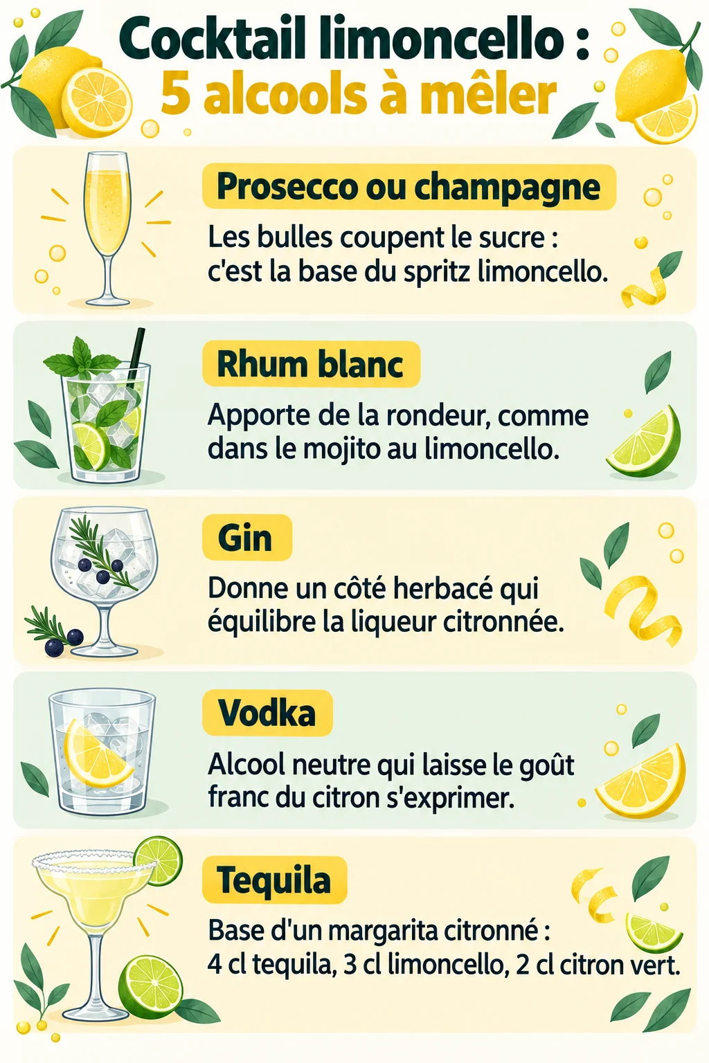 Cocktail limoncello : 5 alcools à mêler : Prosecco ou champagne, Rhum blanc, Gin, Vodka, Tequila