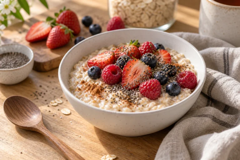 Bol de porridge aux flocons d'avoine garni de fruits rouges, recette Weight Watchers du matin