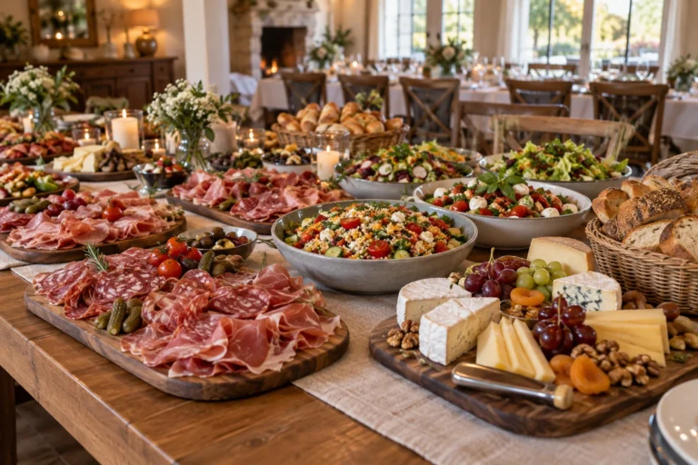 Buffet froid dressé sur une table pour un repas pour 30 personnes avec charcuterie et salades