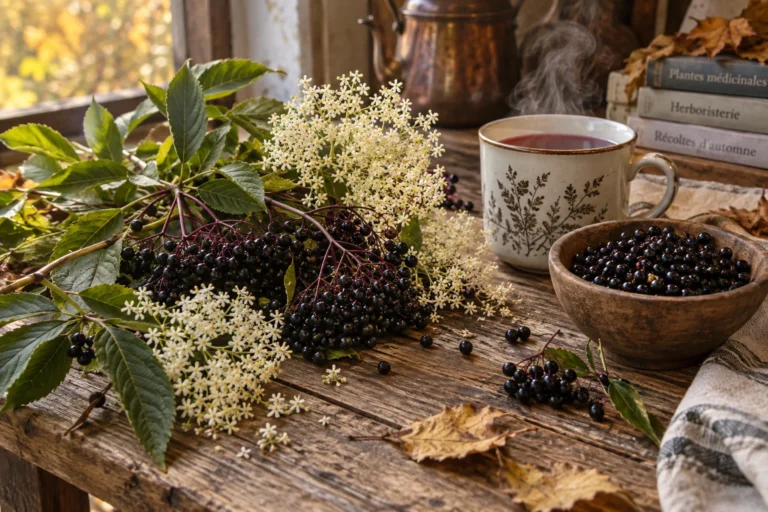 Branche de sureau noir avec fleurs blanches et baies sombres près d'une infusion chaude