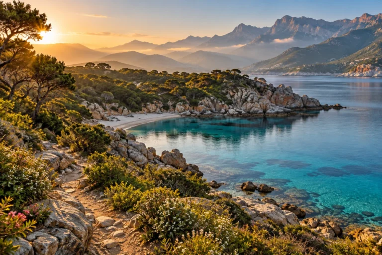Crique corse déserte au petit matin avec eau turquoise et maquis