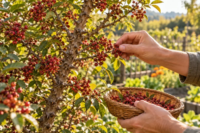 Poivrier de Sichuan chargé de baies rouges dans un jardin ensoleillé, cueillette à la main