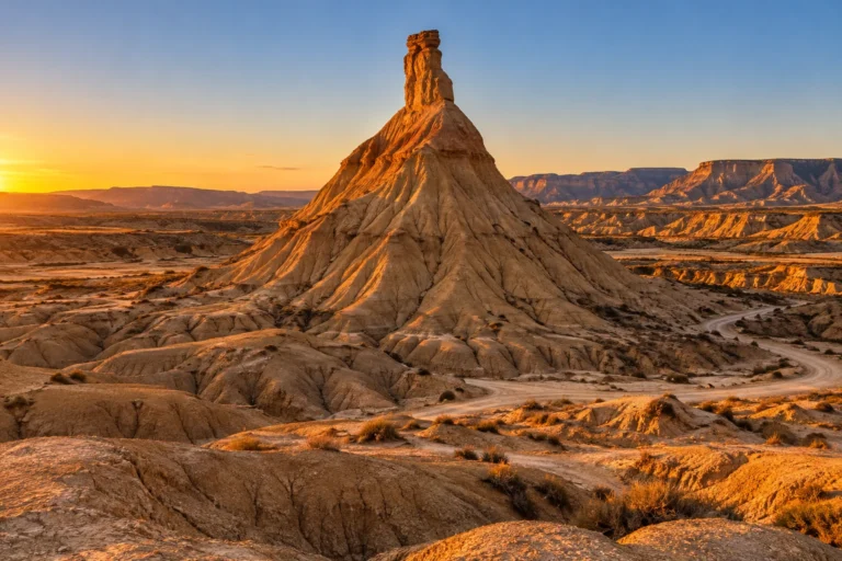 Le Castildetierra et les badlands ocre des Bardenas Reales en Navarre à la lumière du soir