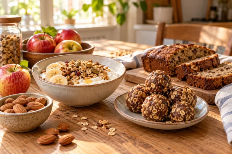 Table en bois avec yaourt, granola, energy balls, banana bread et fruits pour un goûter healthy