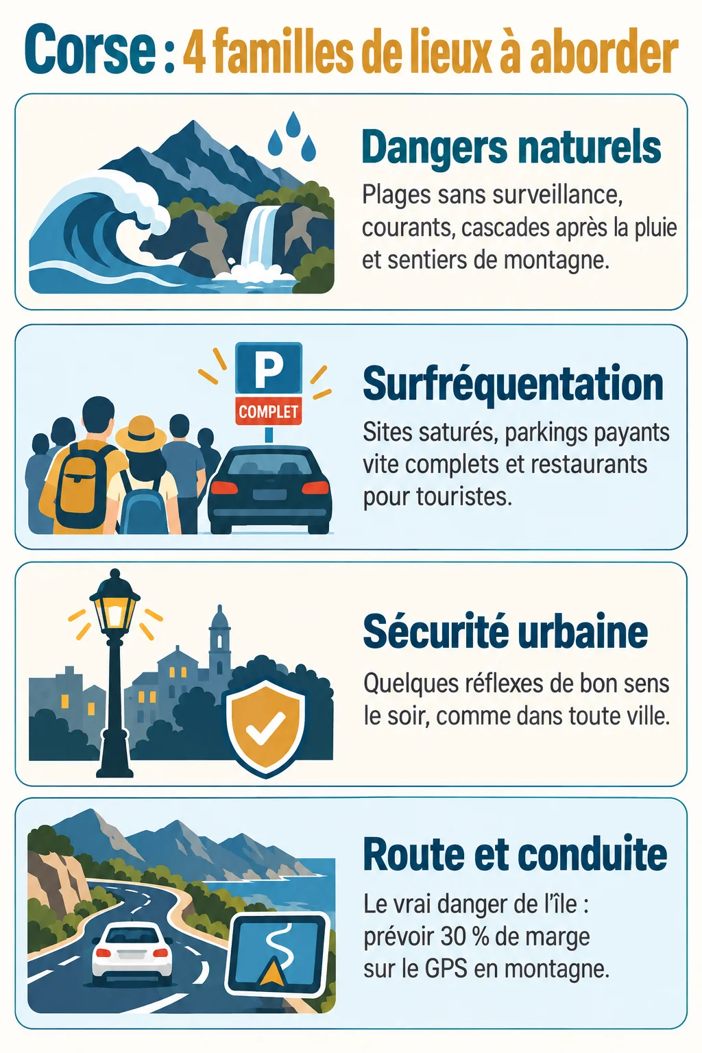 Corse : 4 familles de lieux à aborder : Dangers naturels, Surfréquentation, Sécurité urbaine, Route et conduite