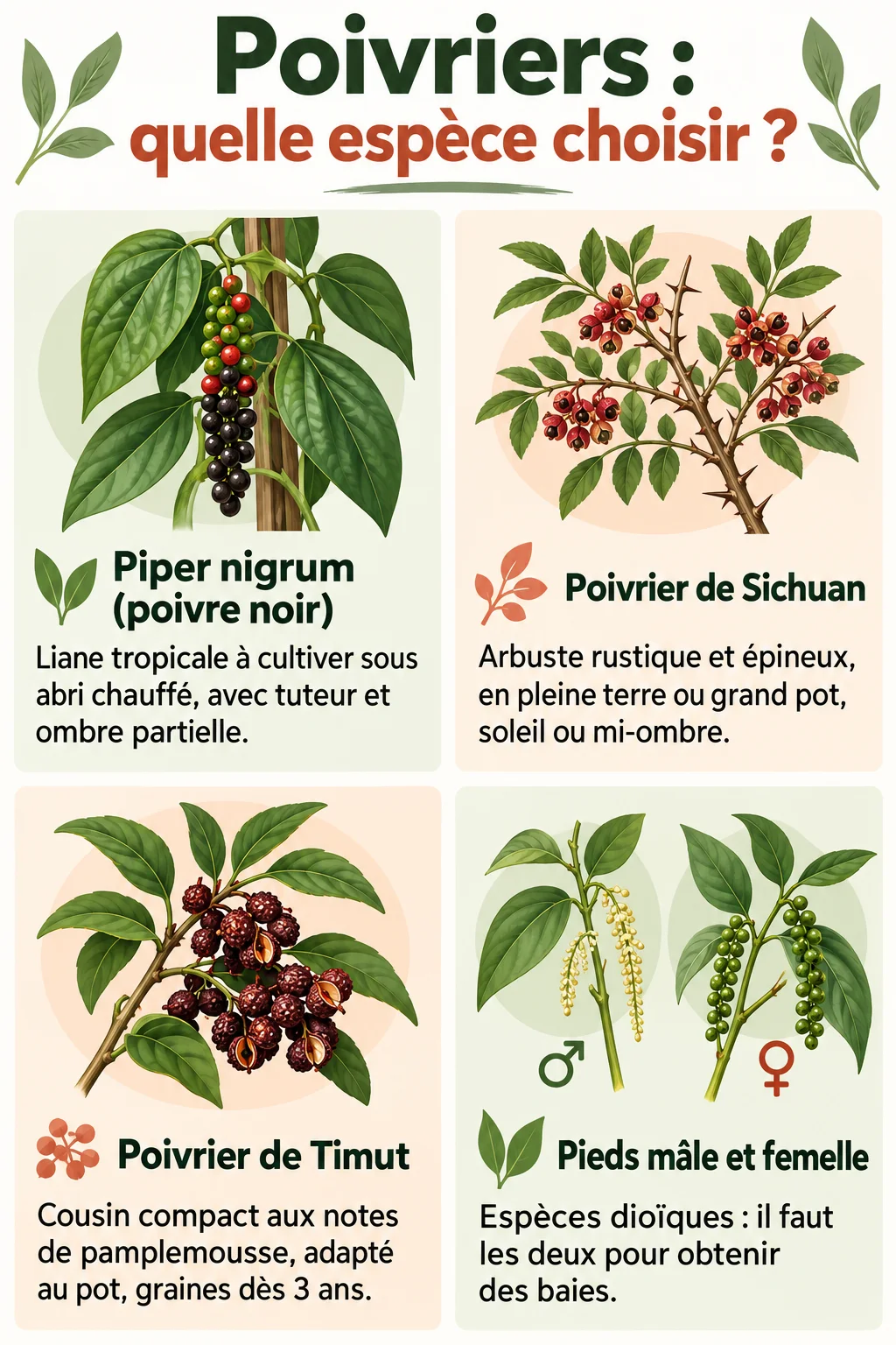 Poivriers : quelle espèce choisir ? : Piper nigrum (poivre noir), Poivrier de Sichuan, Poivrier de Timut, Pieds mâle et femelle