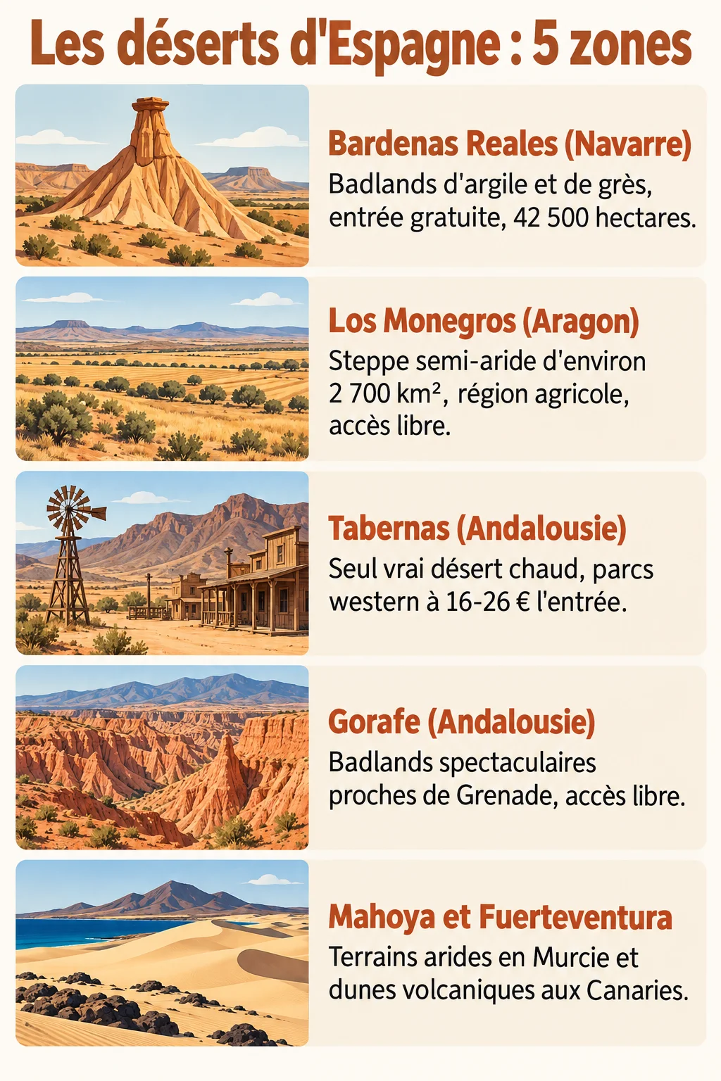 Les déserts d'Espagne : 5 zones : Bardenas Reales (Navarre), Los Monegros (Aragon), Tabernas (Andalousie), Gorafe (Andalousie), Mahoya et Fuerteventura