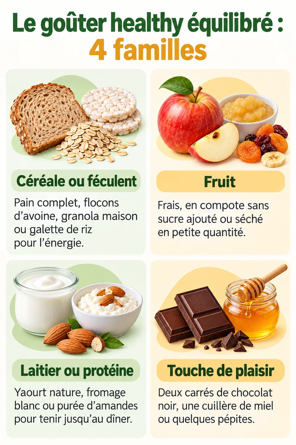 Le goûter healthy équilibré : 4 familles : Céréale ou féculent, Fruit, Laitier ou protéine, Touche de plaisir