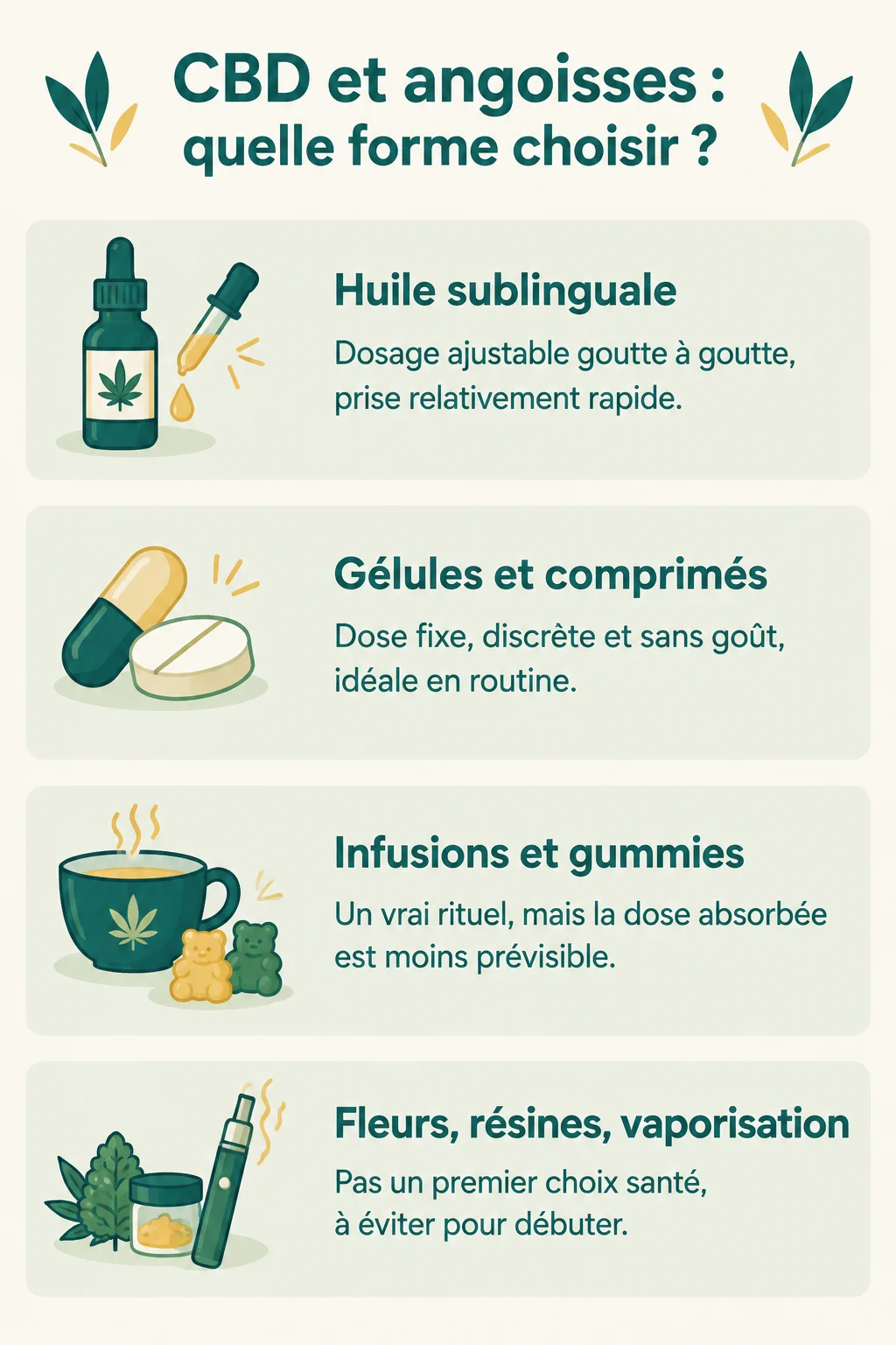 CBD et angoisses : quelle forme choisir ? : Huile sublinguale, Gélules et comprimés, Infusions et gummies, Fleurs, résines, vaporisation