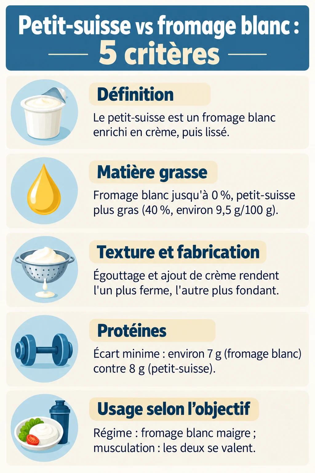 Petit-suisse vs fromage blanc : 5 critères : Définition, Matière grasse, Texture et fabrication, Protéines, Usage selon l'objectif