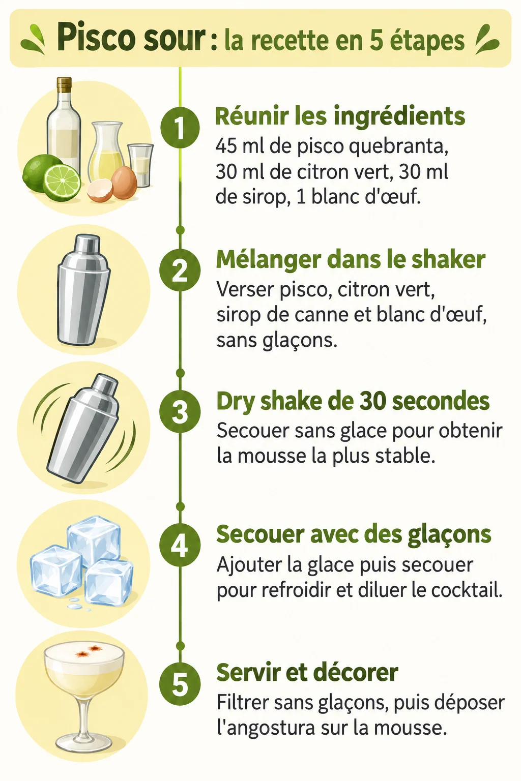 Pisco sour : la recette en 5 étapes : 1. Réunir les ingrédients, 2. Mélanger dans le shaker, 3. Dry shake de 30 secondes, 4. Secouer avec des glaçons, 5. Servir et décorer