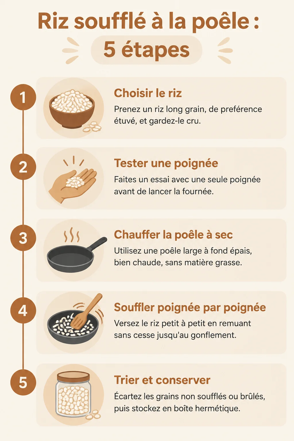 Riz soufflé à la poêle : 5 étapes : 1. Choisir le riz, 2. Tester une poignée, 3. Chauffer la poêle à sec, 4. Souffler poignée par poignée, 5. Trier et conserver