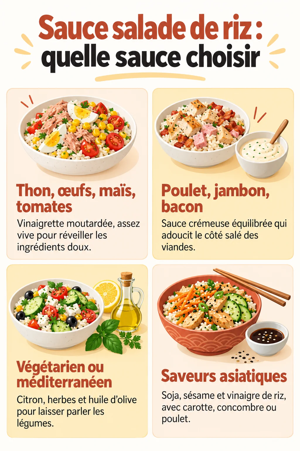 Sauce salade de riz : quelle sauce choisir : Thon, œufs, maïs, tomates, Poulet, jambon, bacon, Végétarien ou méditerranéen, Saveurs asiatiques