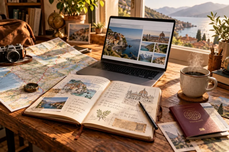 Carnet de voyage, carte et ordinateur posés sur un bureau pour préparer un itinéraire
