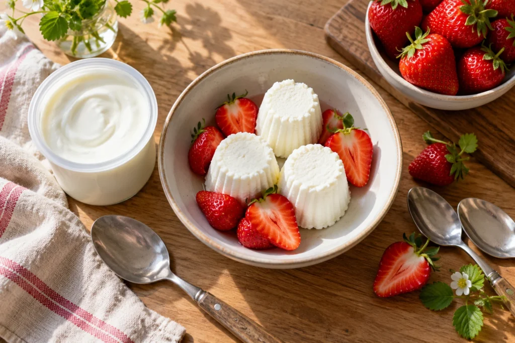 Pot de fromage blanc et petits-suisses nature présentés avec des fraises sur une table en bois
