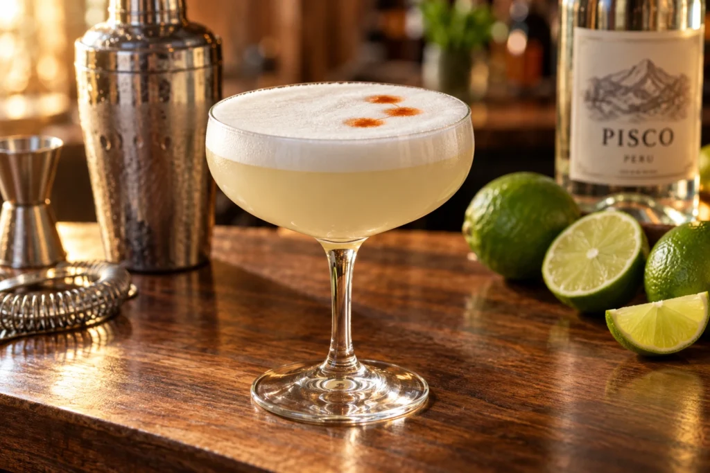 Pisco sour dans une coupe avec mousse blanche et gouttes d'angostura sur un comptoir en bois