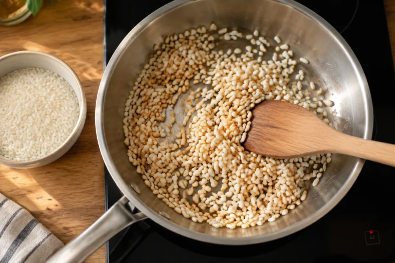 Poêle inox remplie de riz soufflé maison remué à la spatule en bois, bol de riz cru à côté