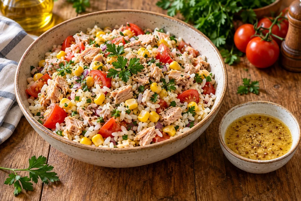 Saladier de salade de riz au thon avec bol de vinaigrette moutardée posé sur une table en bois